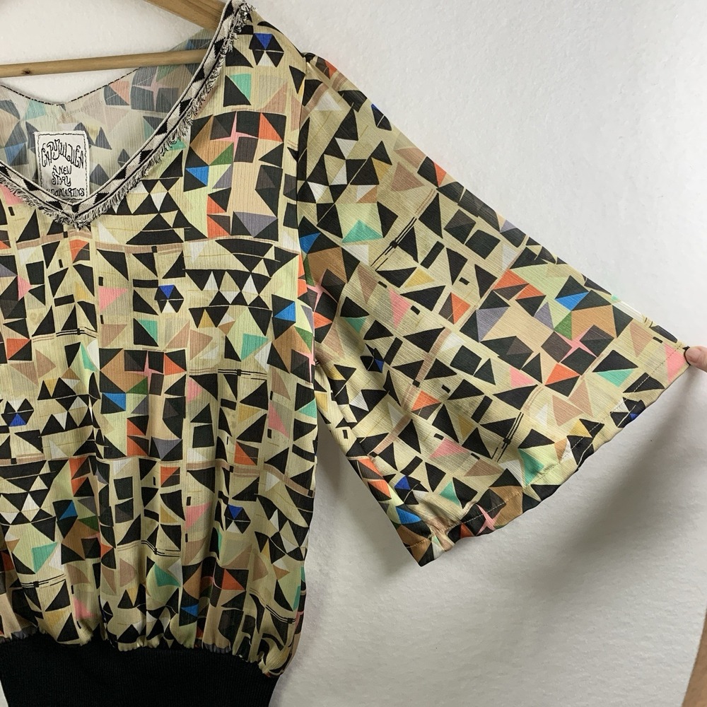 Cap Juluca x Aldomartins Womens Geometric Crepe Top Sz Semi Sheer‎ Boho Artsy - Picture 2 of 14